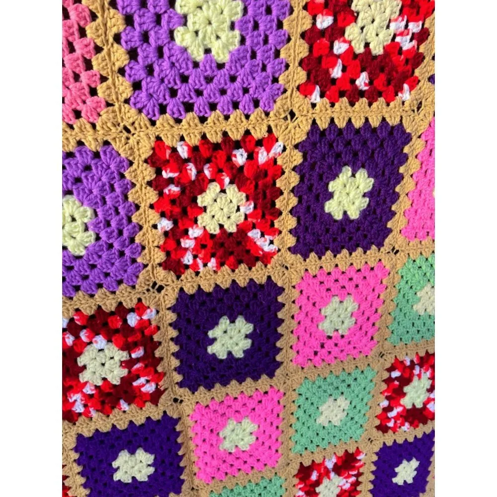 Vintage Colorful Granny Square Crochet Afghan 75x56" - Picture 3 of 16
